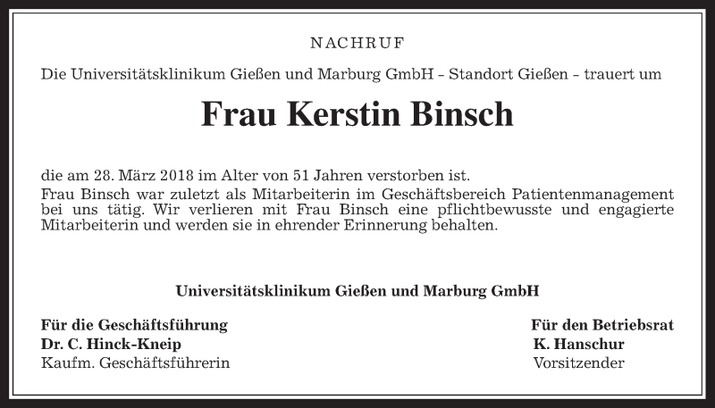  Traueranzeige für Kerstin Binsch vom 14.04.2018 aus Giessener Allgemeine, Alsfelder Allgemeine