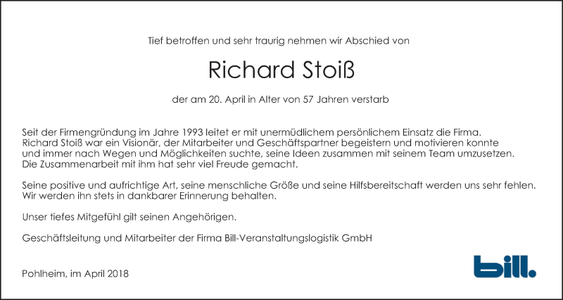  Traueranzeige für Richard Stoiß vom 25.04.2018 aus Giessener Allgemeine, Alsfelder Allgemeine