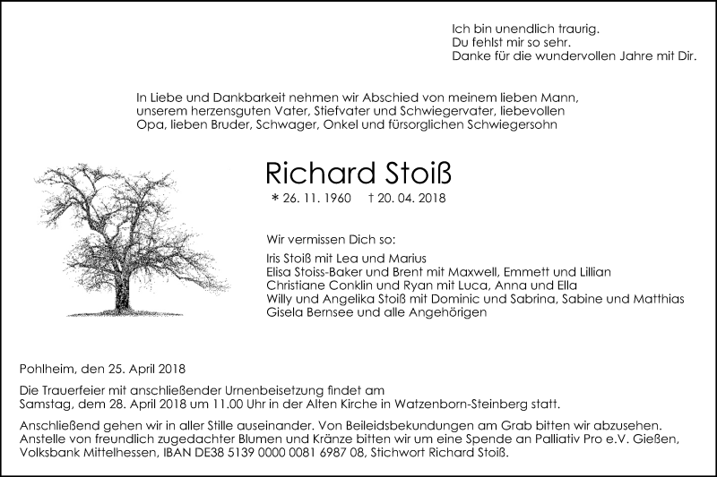  Traueranzeige für Richard Stoiß vom 25.04.2018 aus Giessener Allgemeine, Alsfelder Allgemeine