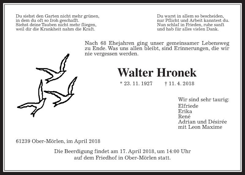  Traueranzeige für Walter Hronek vom 14.04.2018 aus Wetterauer Zeitung, Wetterauer Zeitung