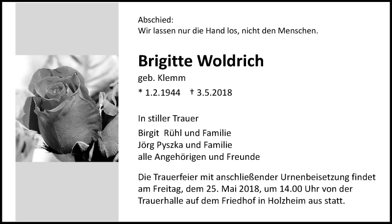 Traueranzeige für Brigitte Woldrich vom 22.05.2018 aus Giessener Allgemeine, Alsfelder Allgemeine