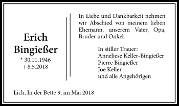 Traueranzeige von Erich Bingießer von Licher Wochenblatt, Licher Wochenblatt, Licher Wochenblatt