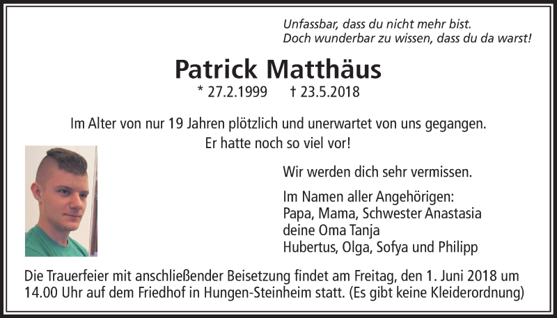  Traueranzeige für Patrick Matthäus vom 30.05.2018 aus Licher Wochenblatt, Licher Wochenblatt, Licher Wochenblatt