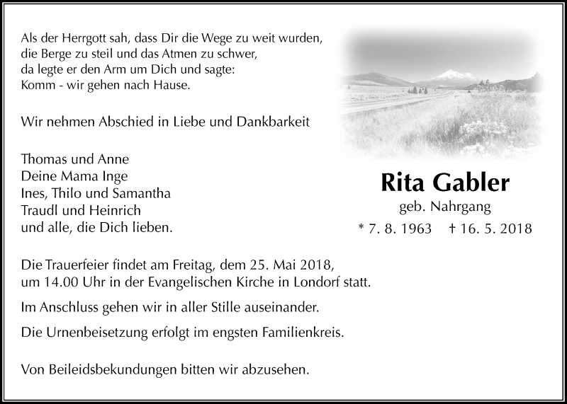  Traueranzeige für Rita Gabler vom 23.05.2018 aus Giessener Allgemeine, Alsfelder Allgemeine