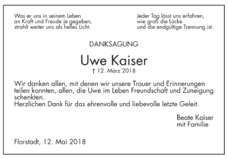  Traueranzeige für Uwe Kaiser vom 14.04.2018 aus  Wetterauer Zeitung