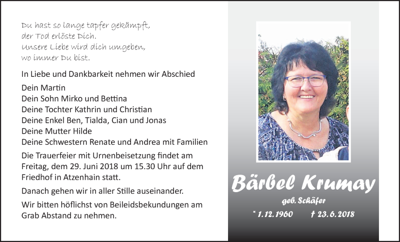  Traueranzeige für Bärbel Krumay vom 27.06.2018 aus Alsfelder Allgemeine