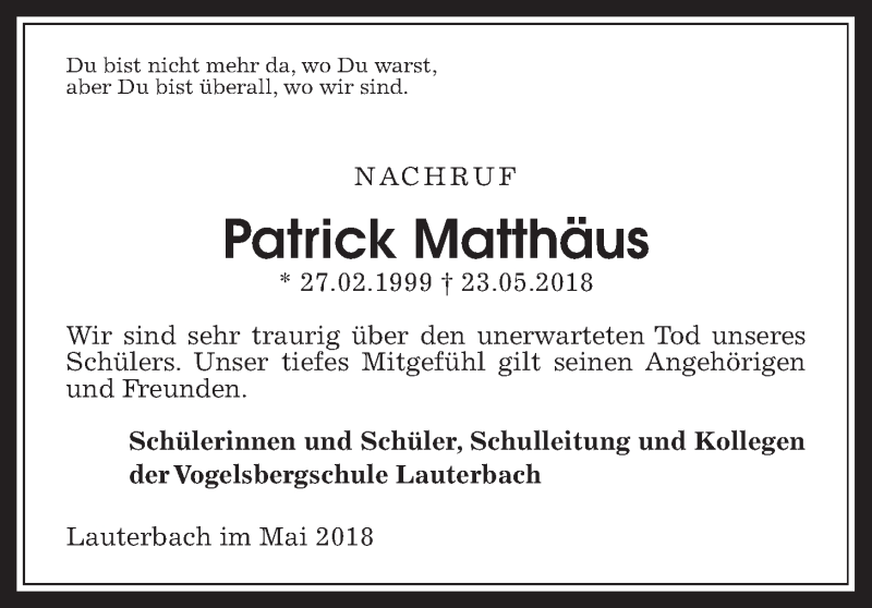  Traueranzeige für Patrick Matthäus vom 01.06.2018 aus Giessener Allgemeine, Alsfelder Allgemeine, Wetterauer Zeitung, Wetterauer Zeitung