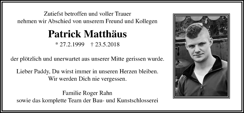 Traueranzeige für Patrick Matthäus vom 07.06.2018 aus Licher Wochenblatt, Licher Wochenblatt, Licher Wochenblatt