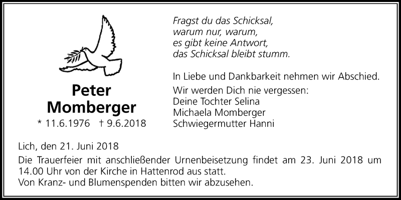  Traueranzeige für Peter Momberger vom 21.06.2018 aus Licher Wochenblatt, Licher Wochenblatt, Licher Wochenblatt