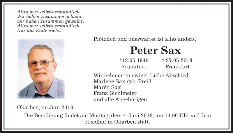  Traueranzeige für Peter Sax vom 01.06.2018 aus Wetterauer Zeitung, Wetterauer Zeitung