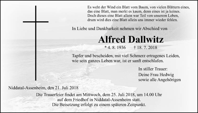  Traueranzeige für Alfred Dallwitz vom 21.07.2018 aus Wetterauer Zeitung, Wetterauer Zeitung