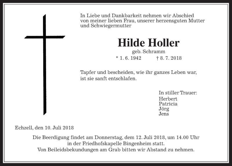  Traueranzeige für Hilde Holler vom 10.07.2018 aus Wetterauer Zeitung, Wetterauer Zeitung