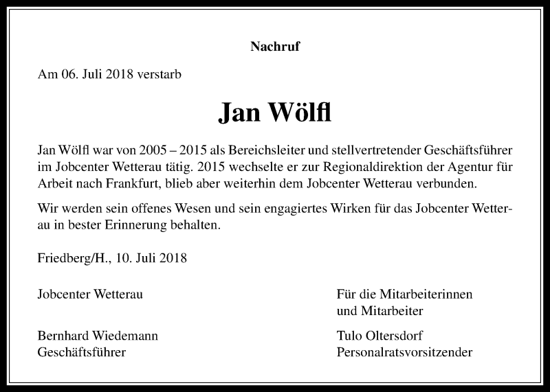  Traueranzeige für Jan Wölfl vom 12.07.2018 aus Wetterauer Zeitung, Wetterauer Zeitung