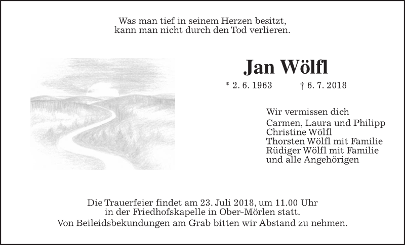  Traueranzeige für Jan Wölfl vom 14.07.2018 aus Wetterauer Zeitung, Wetterauer Zeitung