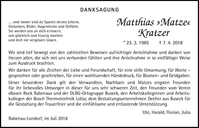  Traueranzeige für Matthias Kratzer vom 19.07.2018 aus Giessener Allgemeine, Alsfelder Allgemeine