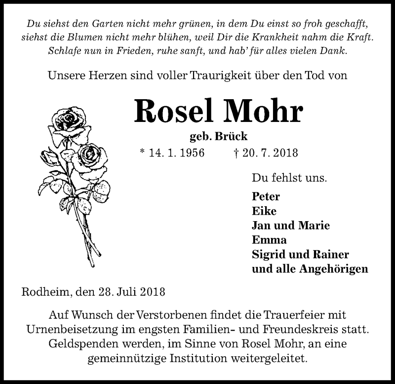  Traueranzeige für Rosel Mohr vom 28.07.2018 aus Giessener Allgemeine, Alsfelder Allgemeine