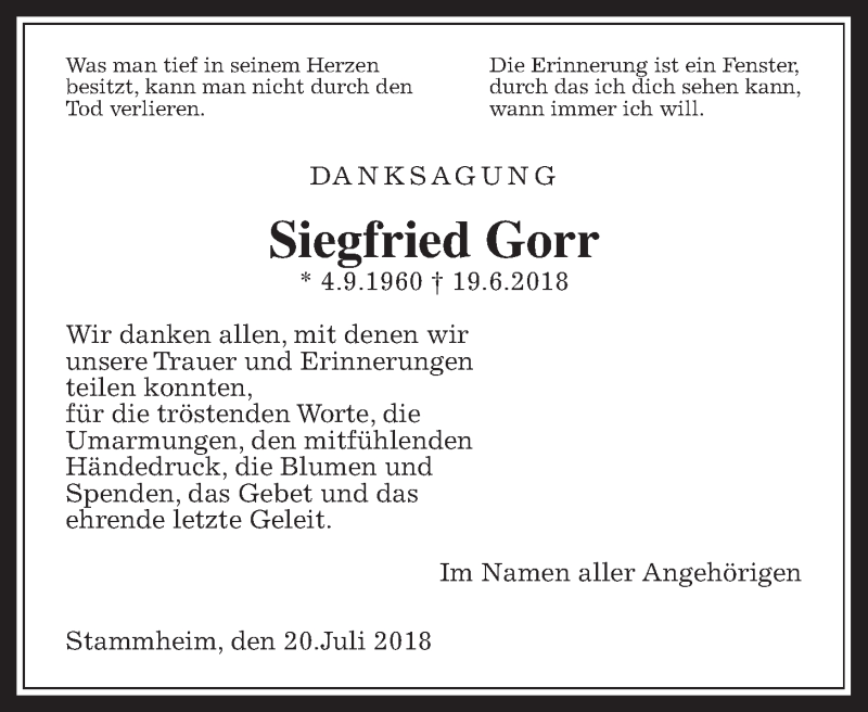  Traueranzeige für Siegfried Gorr vom 23.07.2018 aus Wetterauer Zeitung, Wetterauer Zeitung