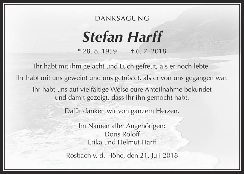  Traueranzeige für Stefan Harff vom 21.07.2018 aus Wetterauer Zeitung, Wetterauer Zeitung