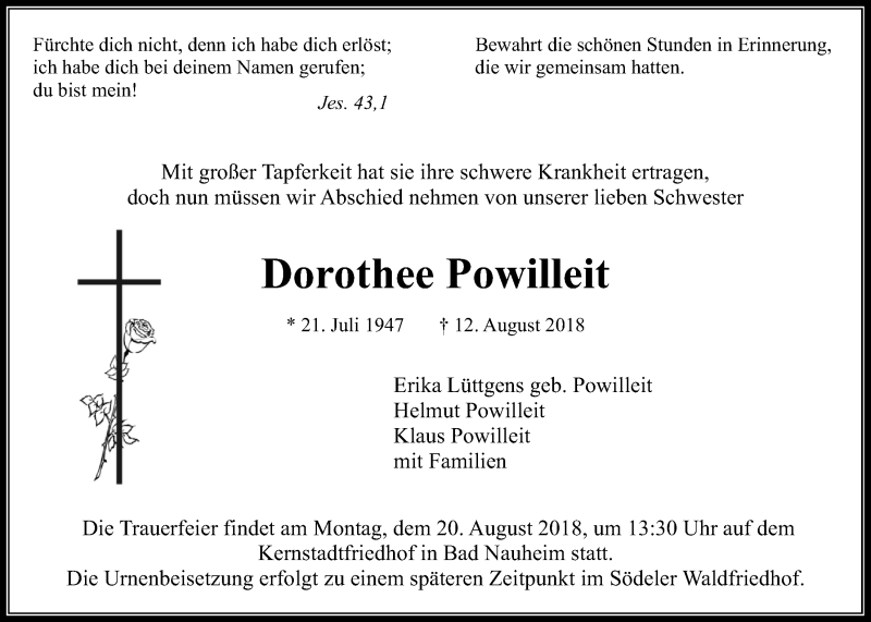  Traueranzeige für Dorothee Powilleit vom 15.08.2018 aus Wetterauer Zeitung, Wetterauer Zeitung