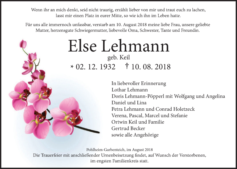  Traueranzeige für Else Lehmann vom 18.08.2018 aus Giessener Allgemeine, Alsfelder Allgemeine