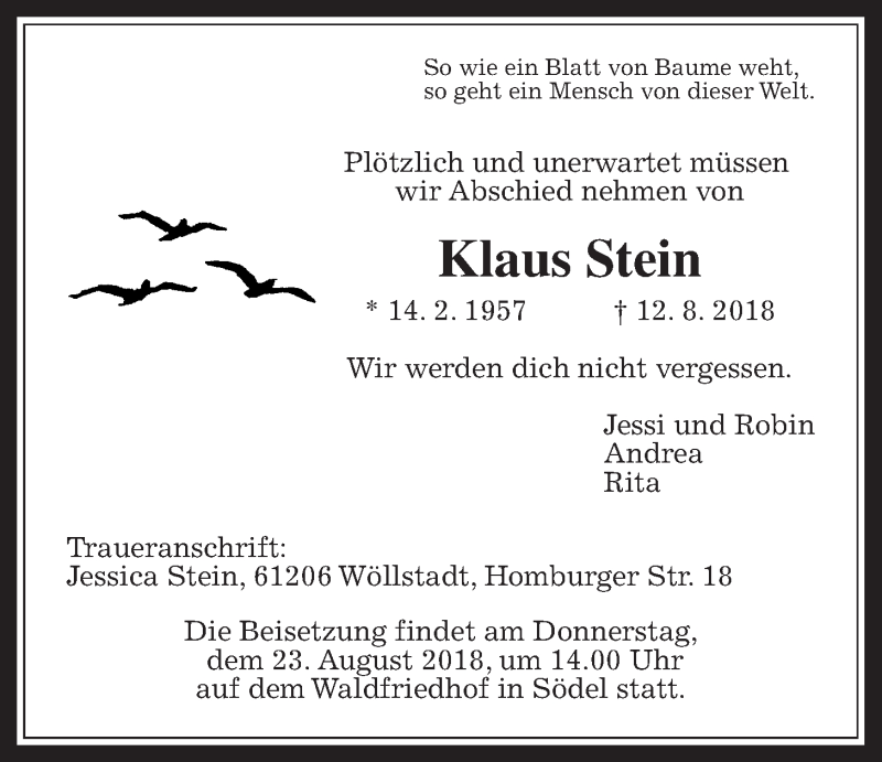  Traueranzeige für Klaus Stein vom 18.08.2018 aus Wetterauer Zeitung, Wetterauer Zeitung