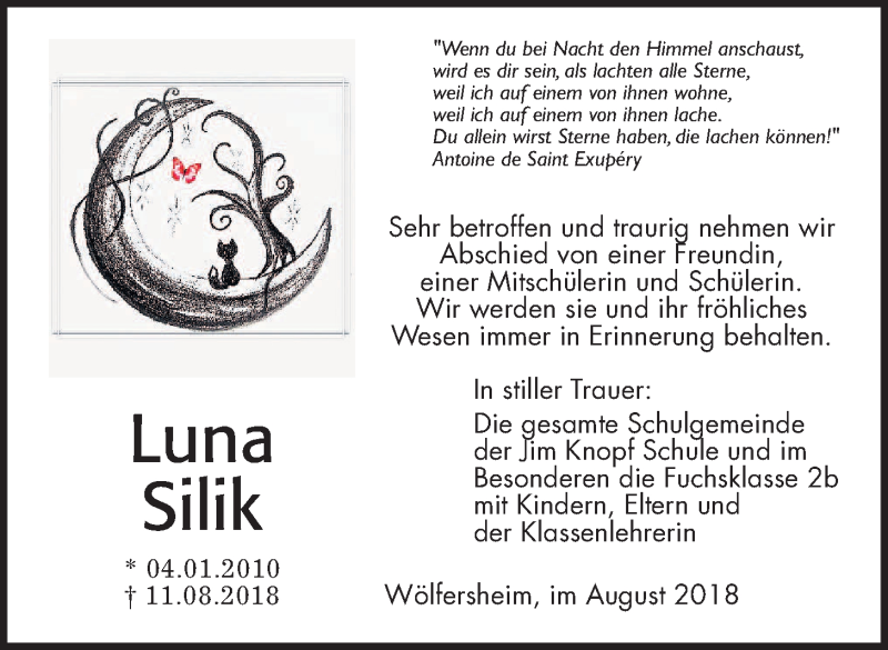  Traueranzeige für Luna Silik vom 18.08.2018 aus Wetterauer Zeitung, Wetterauer Zeitung