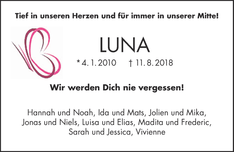  Traueranzeige für Luna Silik vom 18.08.2018 aus Wetterauer Zeitung, Wetterauer Zeitung