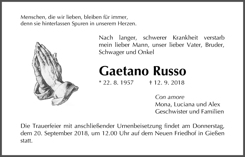  Traueranzeige für Gaetano Russo vom 15.09.2018 aus Giessener Allgemeine, Alsfelder Allgemeine