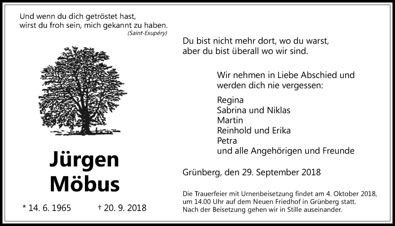  Traueranzeige für Jürgen Möbus vom 29.09.2018 aus Giessener Allgemeine, Alsfelder Allgemeine