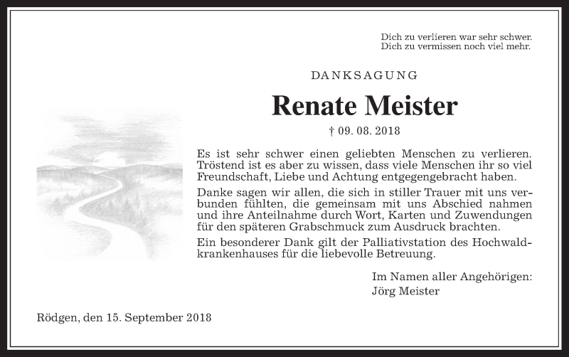  Traueranzeige für Renate Meister vom 15.09.2018 aus Wetterauer Zeitung, Wetterauer Zeitung