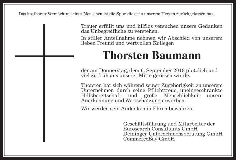  Traueranzeige für Thorsten Baumann vom 15.09.2018 aus Wetterauer Zeitung, Wetterauer Zeitung