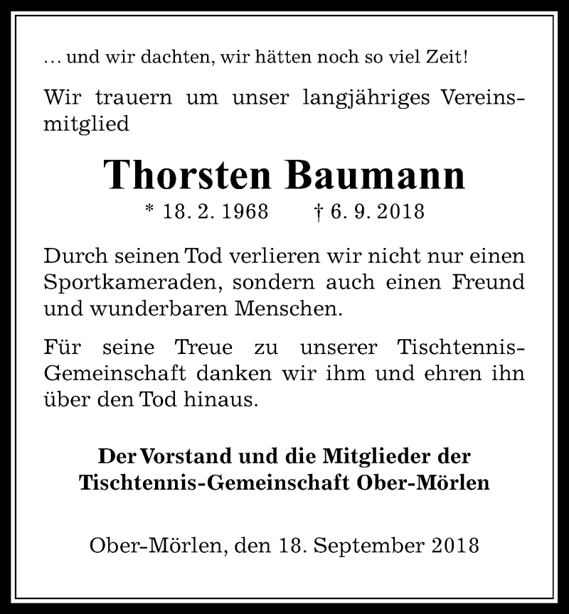 Traueranzeige für Thorsten Baumann vom 18.09.2018 aus Wetterauer Zeitung, Wetterauer Zeitung