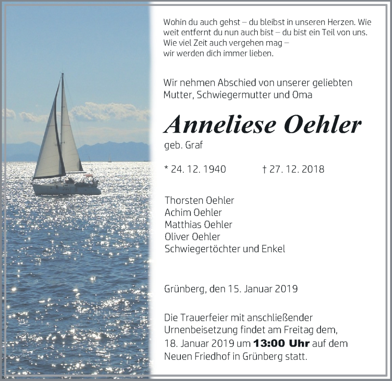  Traueranzeige für Annelise Oehler vom 15.01.2019 aus Giessener Allgemeine, Alsfelder Allgemeine