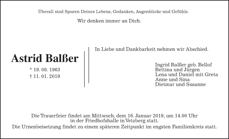  Traueranzeige für Astrid Balßer vom 15.01.2019 aus Giessener Allgemeine, Alsfelder Allgemeine