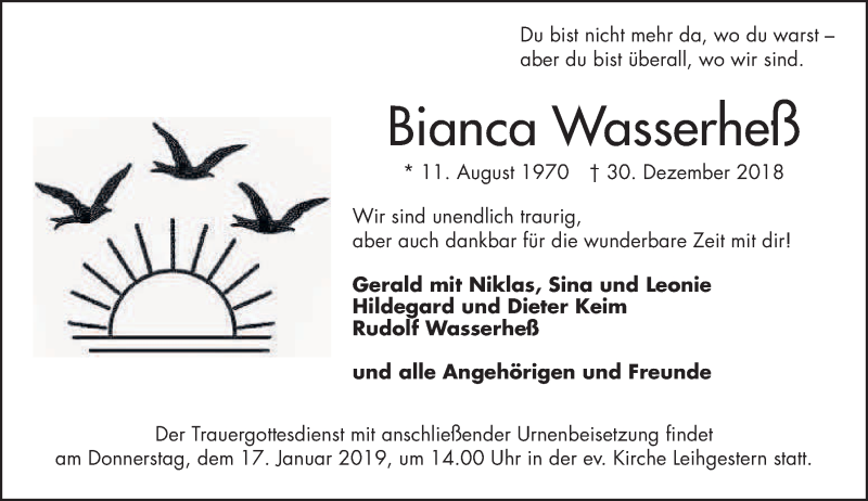  Traueranzeige für Bianca Wasserheß vom 14.01.2019 aus Giessener Allgemeine, Alsfelder Allgemeine