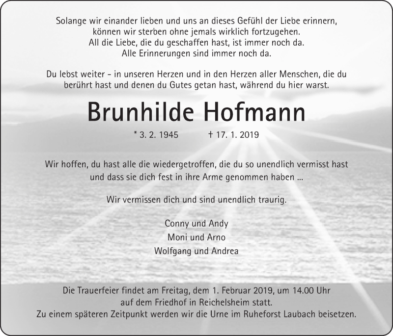  Traueranzeige für Brunhilde Hofmann vom 26.01.2019 aus Wetterauer Zeitung, Wetterauer Zeitung