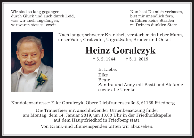  Traueranzeige für Heinz Goralczyk vom 12.01.2019 aus Wetterauer Zeitung, Wetterauer Zeitung