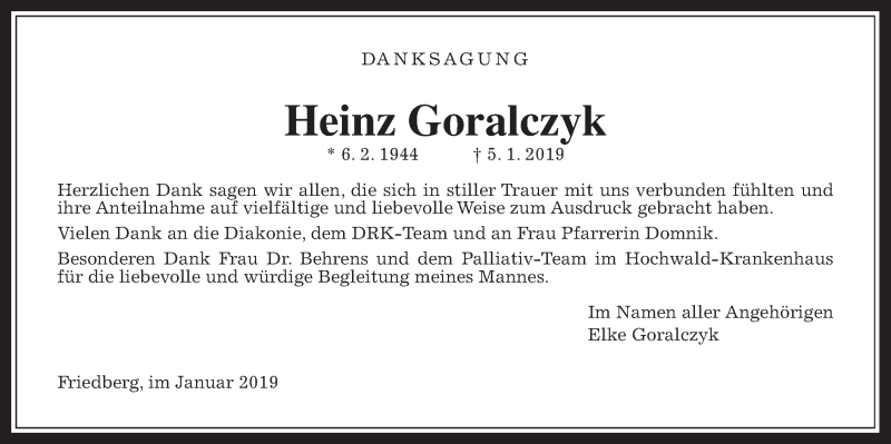  Traueranzeige für Heinz Goralczyk vom 19.01.2019 aus Wetterauer Zeitung, Wetterauer Zeitung