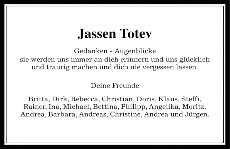  Traueranzeige für Jassen Totev vom 31.01.2019 aus Licher Wochenblatt, Licher Wochenblatt, Licher Wochenblatt