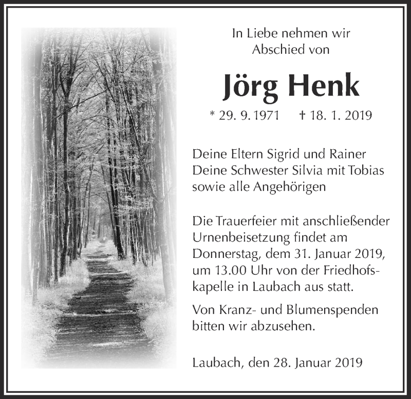  Traueranzeige für Jörg Henk vom 28.01.2019 aus Giessener Allgemeine, Alsfelder Allgemeine