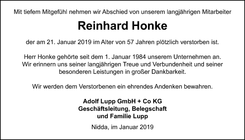  Traueranzeige für Reinhard Honke vom 31.01.2019 aus Licher Wochenblatt, Licher Wochenblatt, Licher Wochenblatt