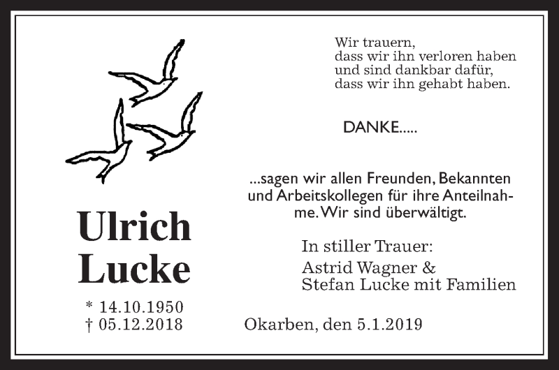  Traueranzeige für Ulrich Lucke vom 05.01.2019 aus Wetterauer Zeitung, Wetterauer Zeitung