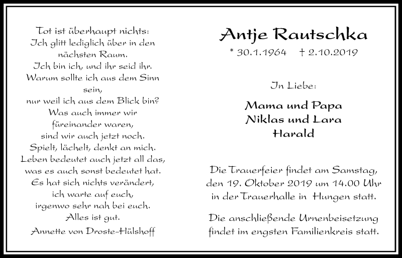  Traueranzeige für Antje Rautschka vom 17.10.2019 aus Licher Wochenblatt