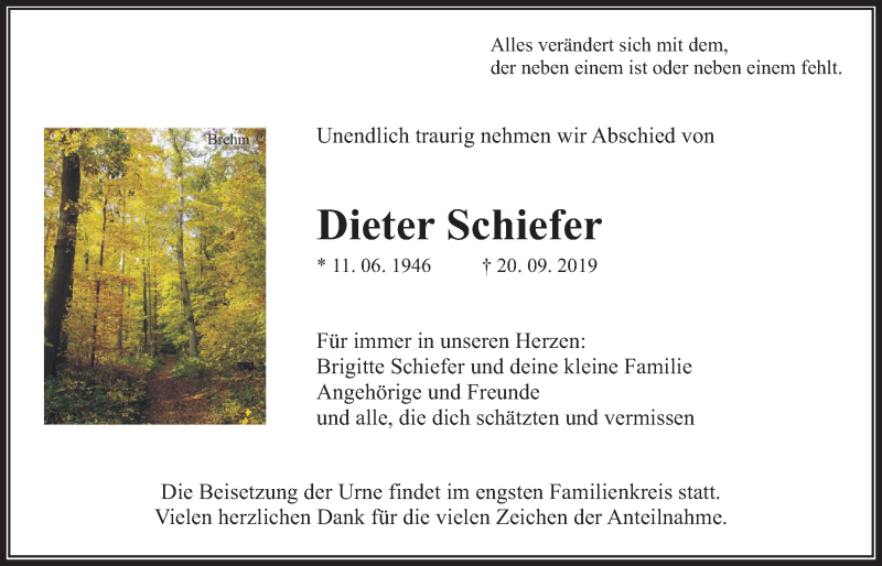  Traueranzeige für Dieter Schiefer vom 08.10.2019 aus Wetterauer Zeitung