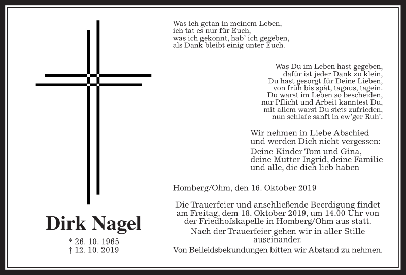  Traueranzeige für Dirk Nagel vom 16.10.2019 aus Alsfelder Allgemeine