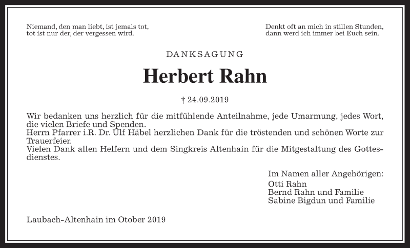  Traueranzeige für Herbert Rahn vom 26.10.2019 aus Laubacher Anzeiger