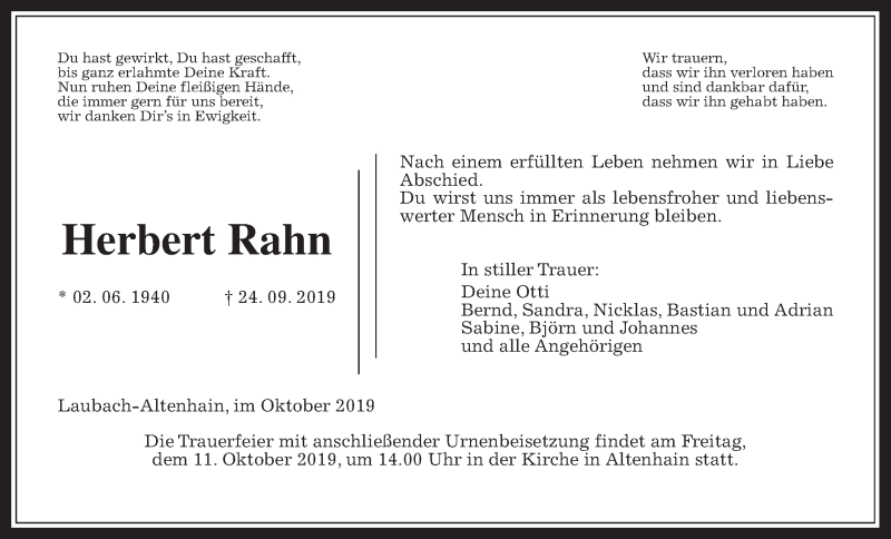  Traueranzeige für Herbert Rahn vom 09.10.2019 aus Giessener Allgemeine, Alsfelder Allgemeine