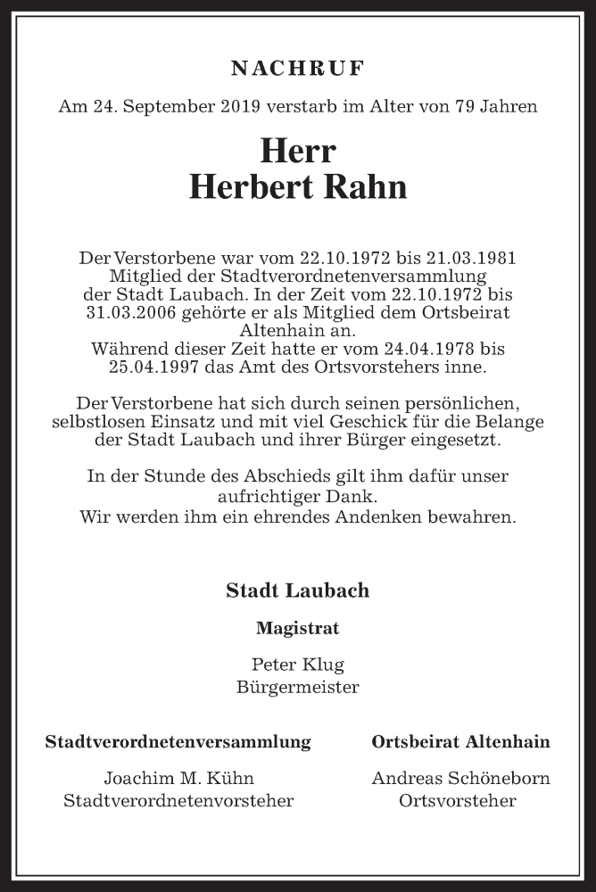  Traueranzeige für Herbert Rahn vom 02.10.2019 aus Laubacher Anzeiger