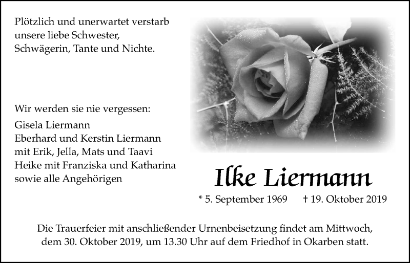  Traueranzeige für Ilke Liermann vom 26.10.2019 aus Wetterauer Zeitung