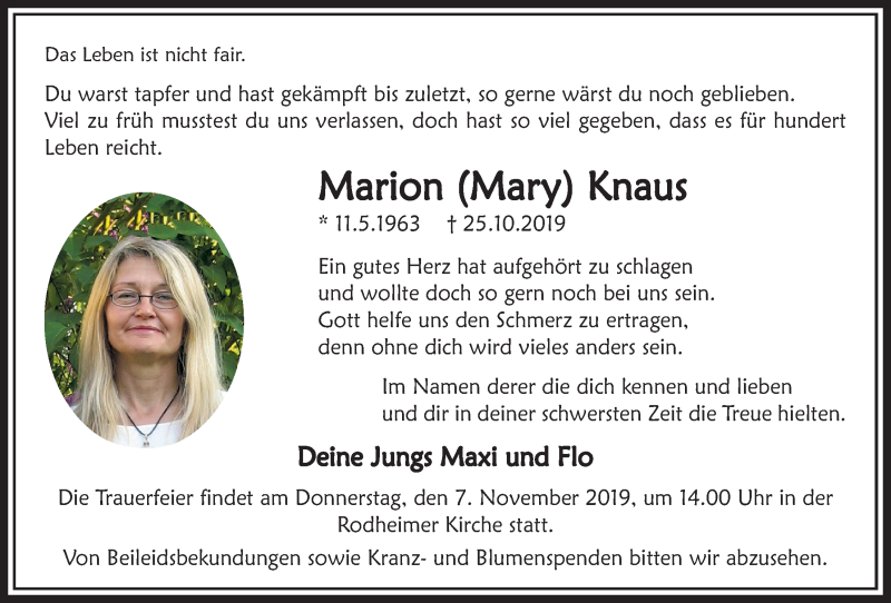  Traueranzeige für Marion Knaus vom 31.10.2019 aus Licher Wochenblatt